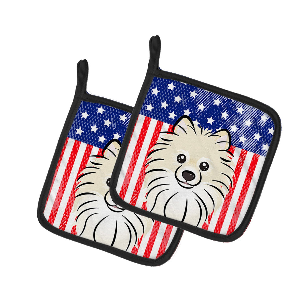 American Flag and Pomeranian Pot Holder Set of 2 Heat Resistant Quilted Hot Pads 7.5 x 7.5 Inch, Insulated Kitchen Trivets for Cooking & Baking