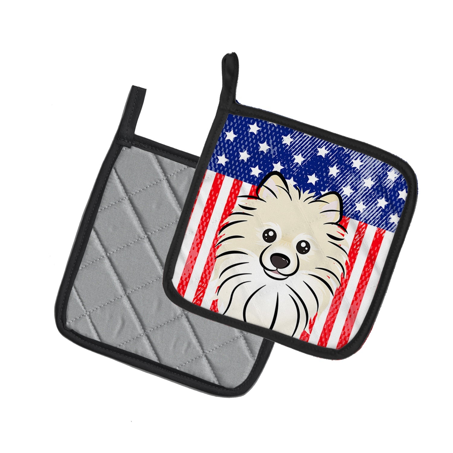 American Flag and Pomeranian Pot Holder Set of 2 Heat Resistant Quilted Hot Pads 7.5 x 7.5 Inch, Insulated Kitchen Trivets for Cooking & Baking