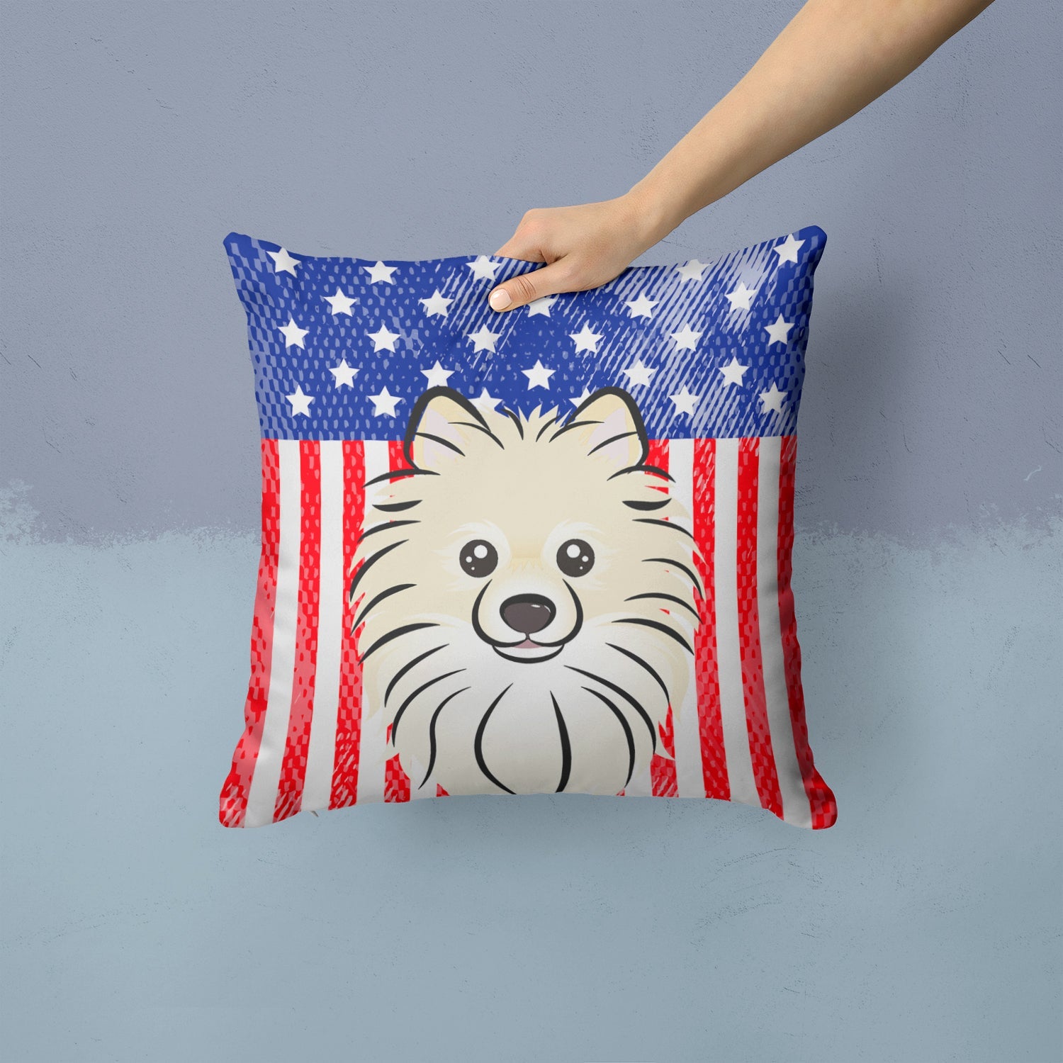 American Flag and Pomeranian Decorative Throw Pillow 14x14 Indoor Outdoor Accent Cushion, Fabric Cover with Insert for Sofa, Bed, Porch & Living Room