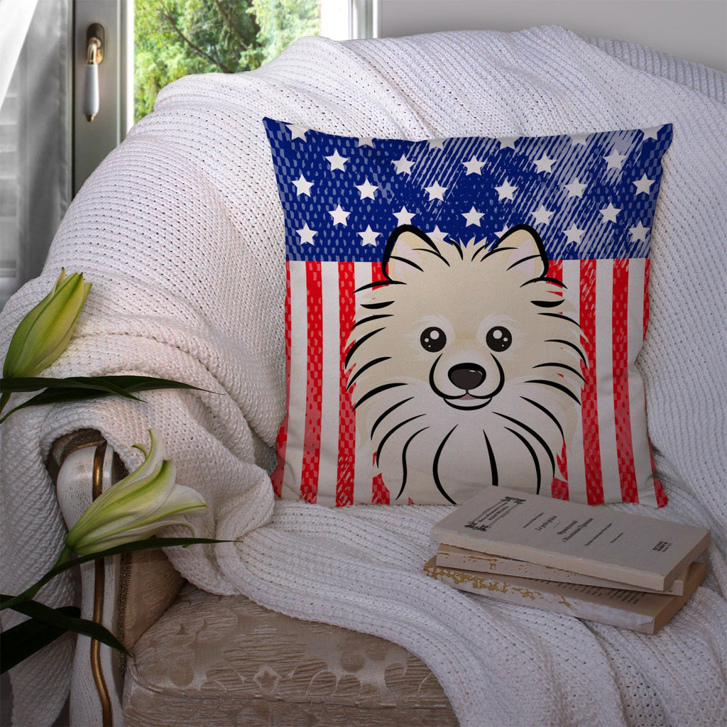 American Flag and Pomeranian Decorative Throw Pillow 14x14 Indoor Outdoor Accent Cushion, Fabric Cover with Insert for Sofa, Bed, Porch & Living Room