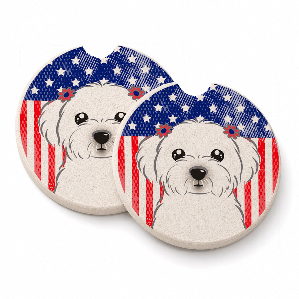 American Flag and Maltese Set of 2 Cup Holder Car Coasters Absorbent Round Sandstone Coasters Gifts for Men or Women, 2.5, Multicolor