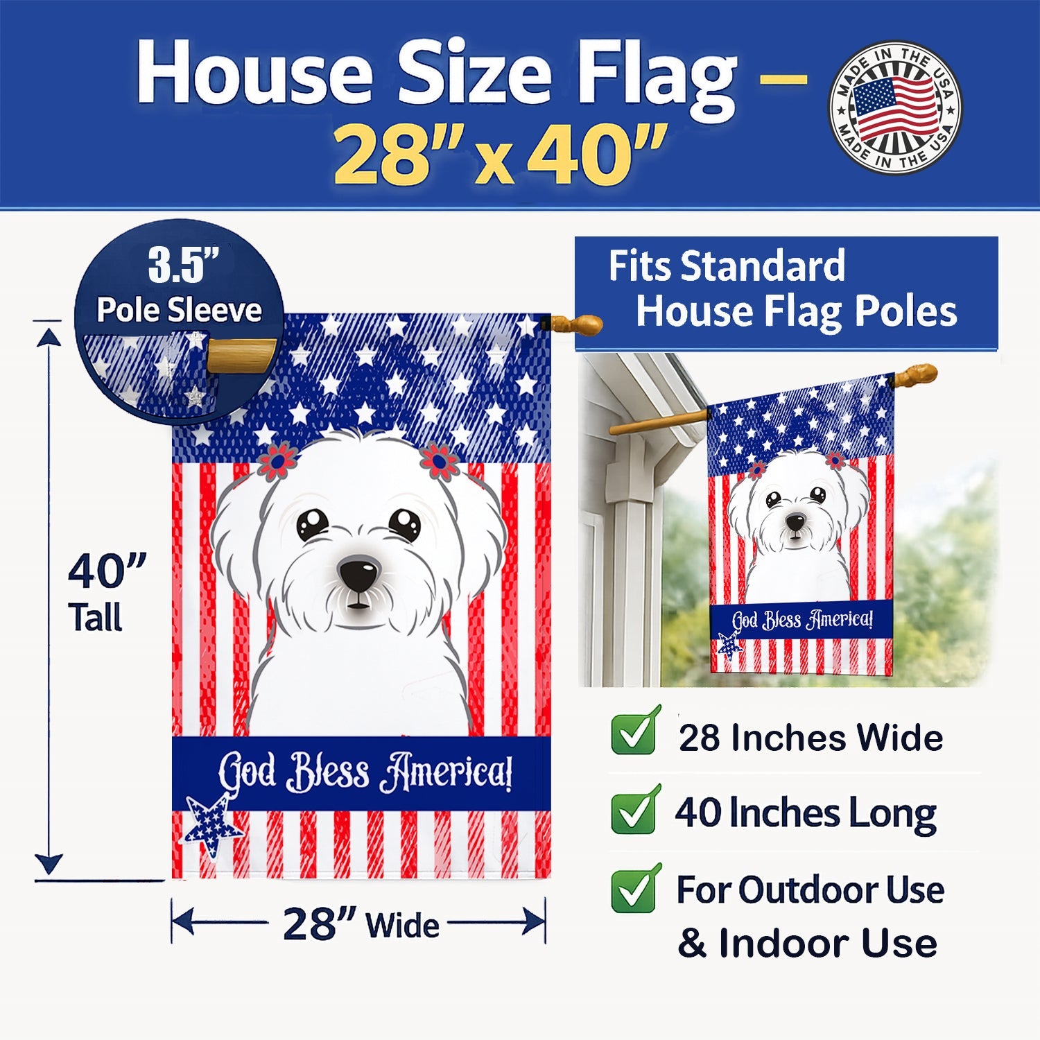 American Flag and Maltese House Flag 28x40 Porch Sleeve Pole Decorative Outside Yard Banner Artwork Wall Hanging, Polyester