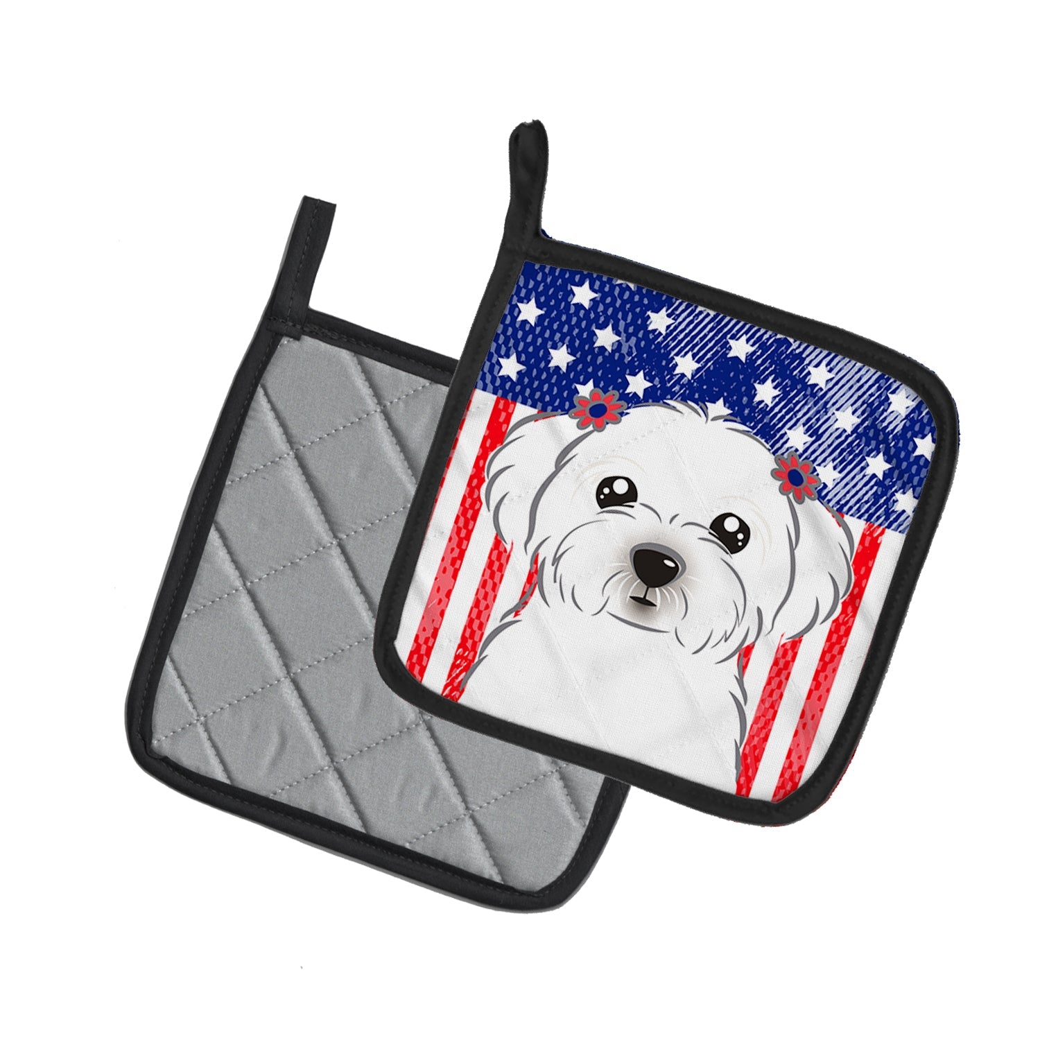 American Flag and Maltese Pot Holder Set of 2 Heat Resistant Quilted Hot Pads 7.5 x 7.5 Inch, Insulated Kitchen Trivets for Cooking & Baking