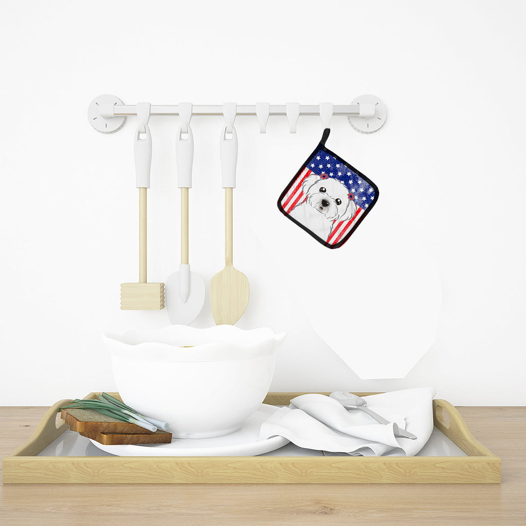 American Flag and Maltese Pot Holder Set of 2 Heat Resistant Quilted Hot Pads 7.5 x 7.5 Inch, Insulated Kitchen Trivets for Cooking & Baking