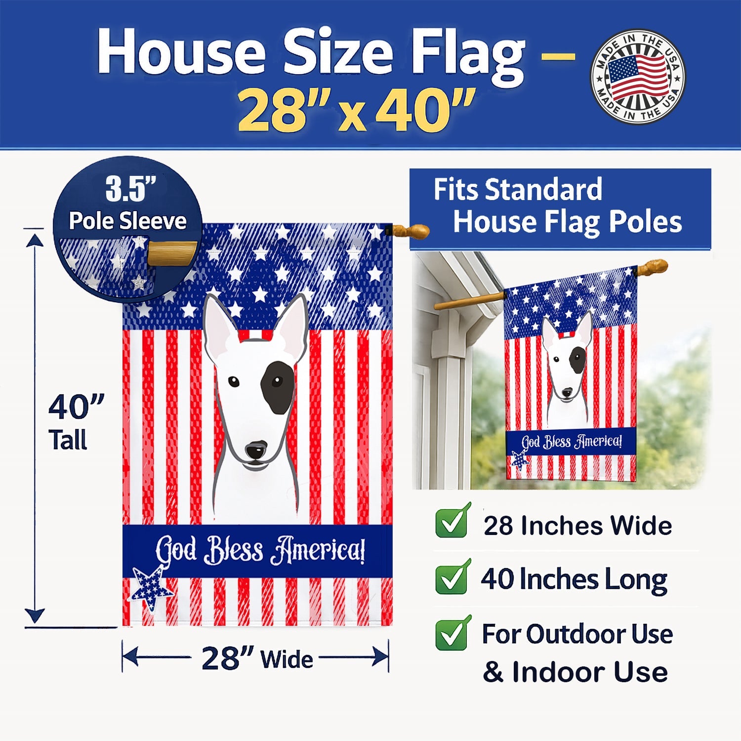 American Flag and Bull Terrier House Flag 28x40 Porch Sleeve Pole Decorative Outside Yard Banner Artwork Wall Hanging, Polyester
