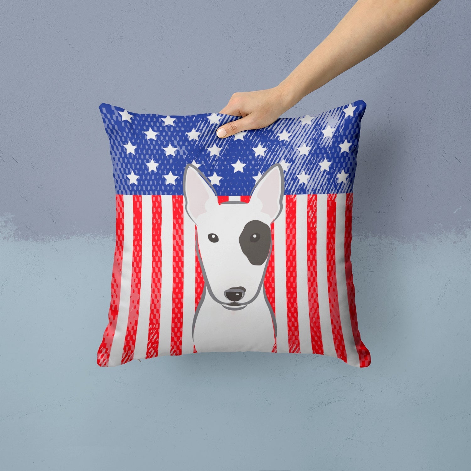 American Flag and Bull Terrier Decorative Throw Pillow 14x14 Indoor Outdoor Accent Cushion, Fabric Cover with Insert for Sofa, Bed, Porch & Living Room