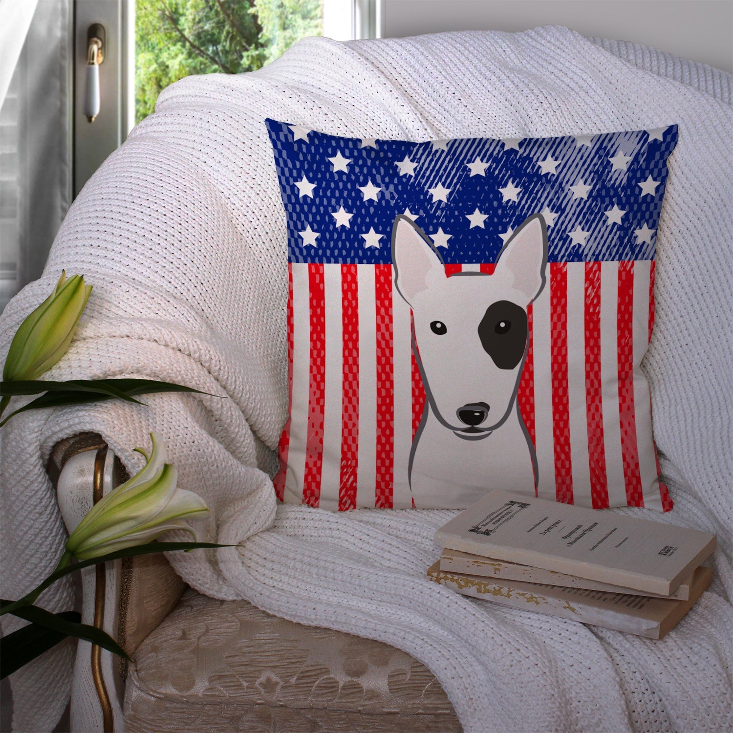 American Flag and Bull Terrier Decorative Throw Pillow 14x14 Indoor Outdoor Accent Cushion, Fabric Cover with Insert for Sofa, Bed, Porch & Living Room