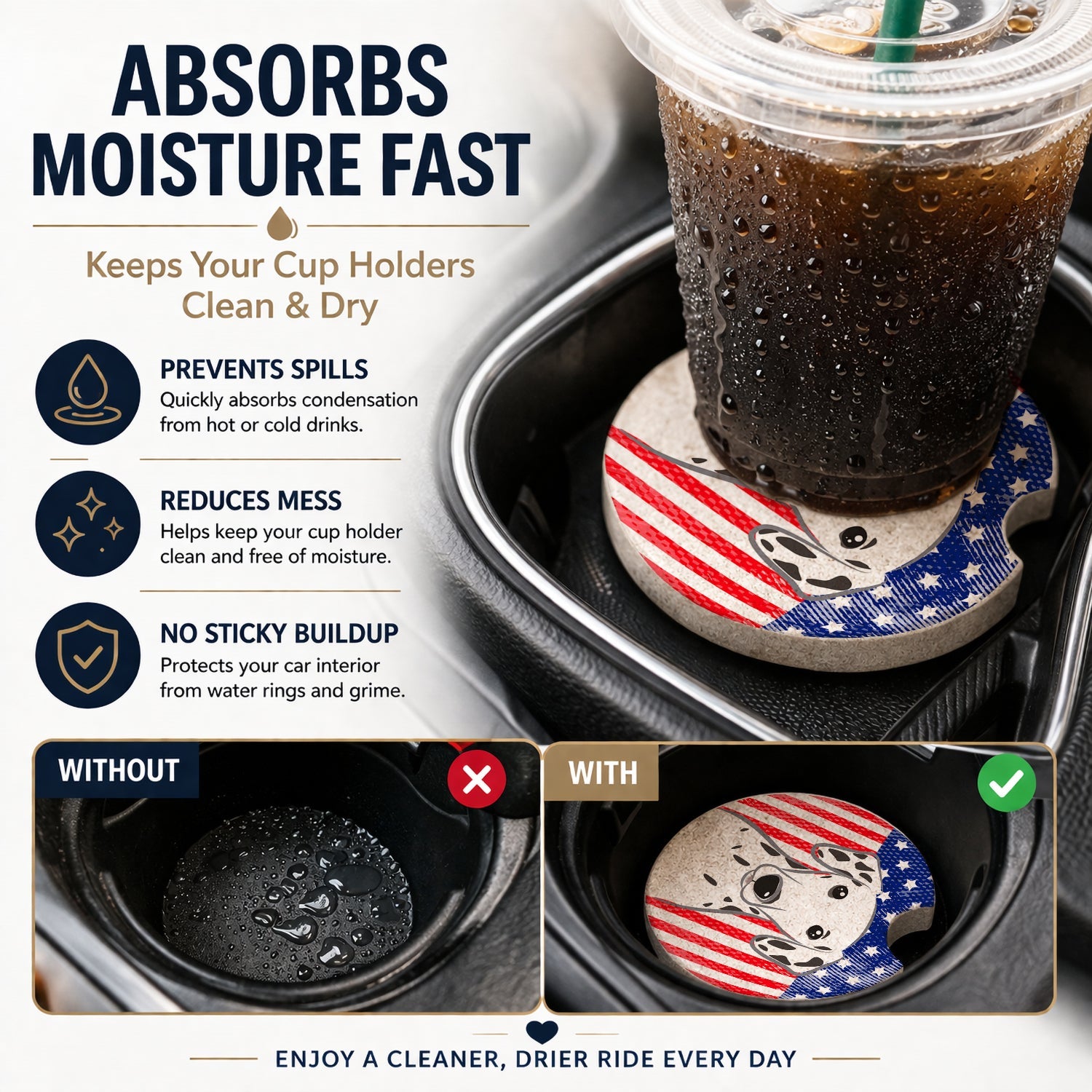 American Flag and Dalmatian Set of 2 Cup Holder Car Coasters Absorbent Round Sandstone Coasters Gifts for Men or Women, 2.5, Multicolor