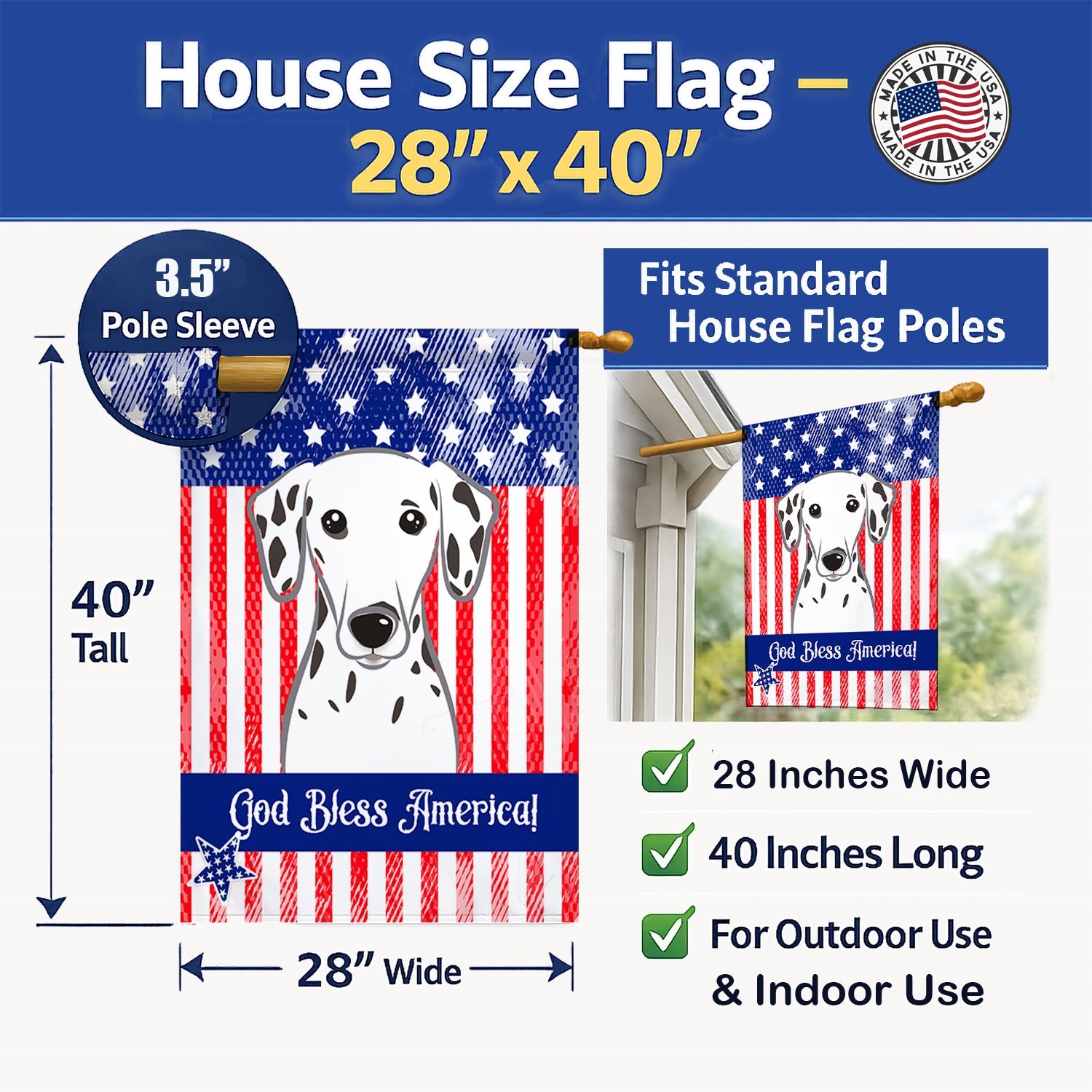 American Flag and Dalmatian House Flag 28x40 Porch Sleeve Pole Decorative Outside Yard Banner Artwork Wall Hanging, Polyester