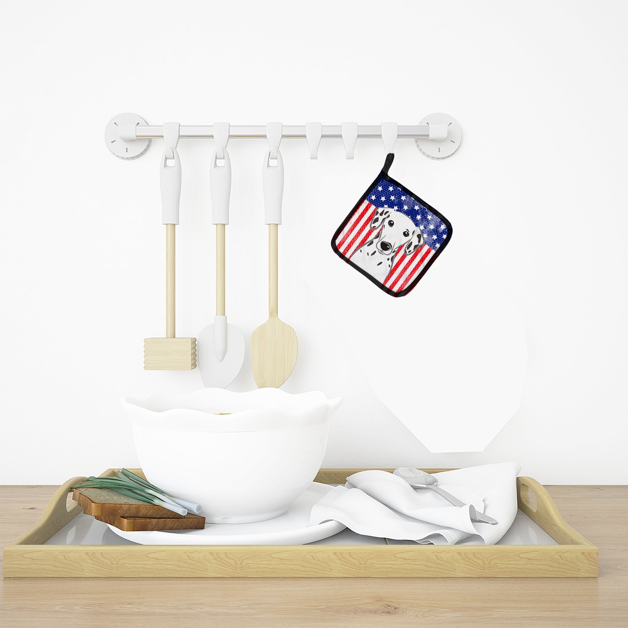 American Flag and Dalmatian Pot Holder Set of 2 Heat Resistant Quilted Hot Pads 7.5 x 7.5 Inch, Insulated Kitchen Trivets for Cooking & Baking