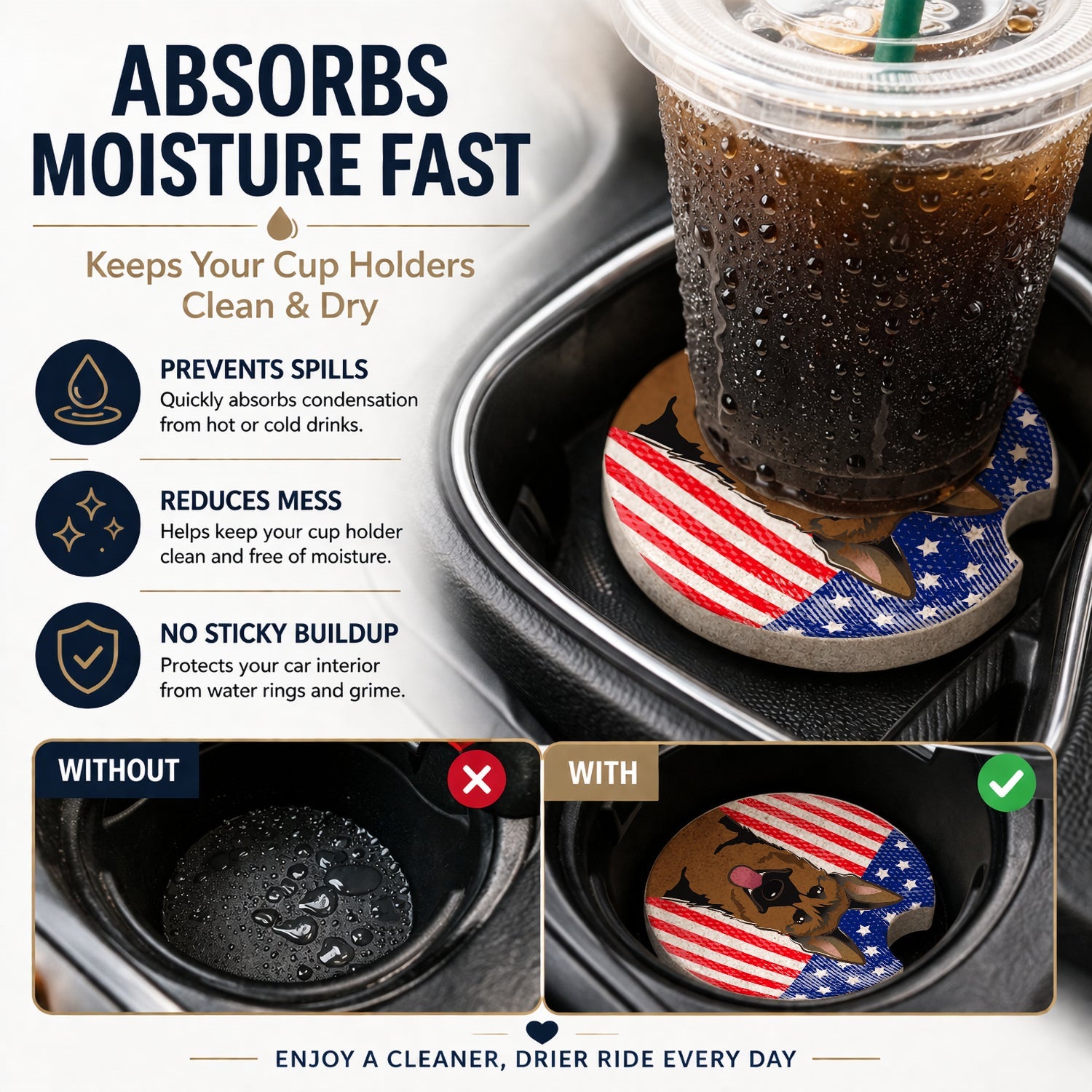 American Flag and German Shepherd Set of 2 Cup Holder Car Coasters Absorbent Round Sandstone Coasters Gifts for Men or Women, 2.5, Multicolor