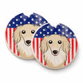 American Flag and Longhair Creme Dachshund Set of 2 Cup Holder Car Coasters Absorbent Round Sandstone Coasters Gifts for Men or Women, 2.5, Multicolor