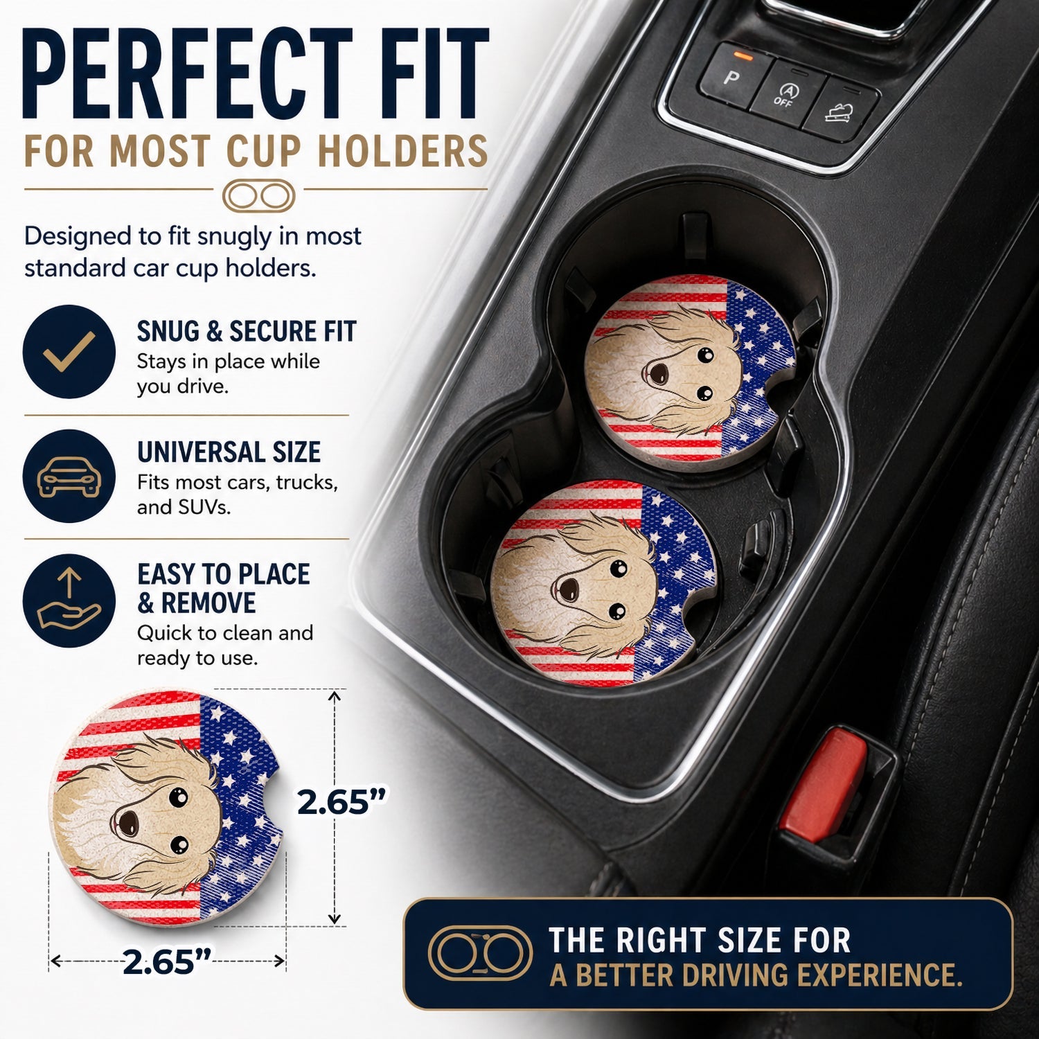 American Flag and Longhair Creme Dachshund Set of 2 Cup Holder Car Coasters Absorbent Round Sandstone Coasters Gifts for Men or Women, 2.5, Multicolor