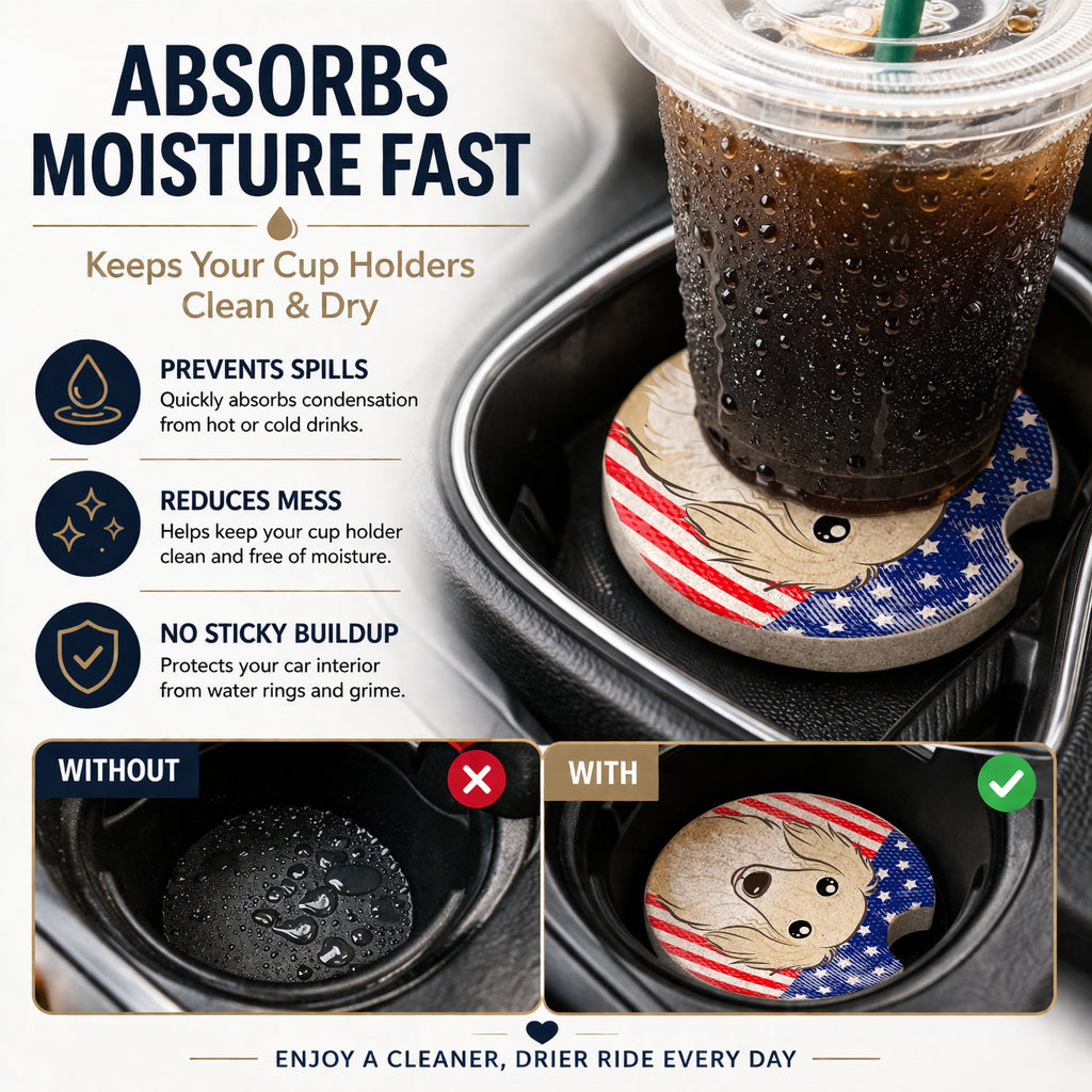 American Flag and Longhair Creme Dachshund Set of 2 Cup Holder Car Coasters Absorbent Round Sandstone Coasters Gifts for Men or Women, 2.5, Multicolor