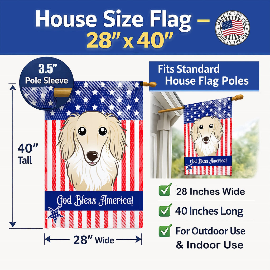 American Flag and Longhair Creme Dachshund House Flag 28x40 Porch Sleeve Pole Decorative Outside Yard Banner Artwork Wall Hanging, Polyester