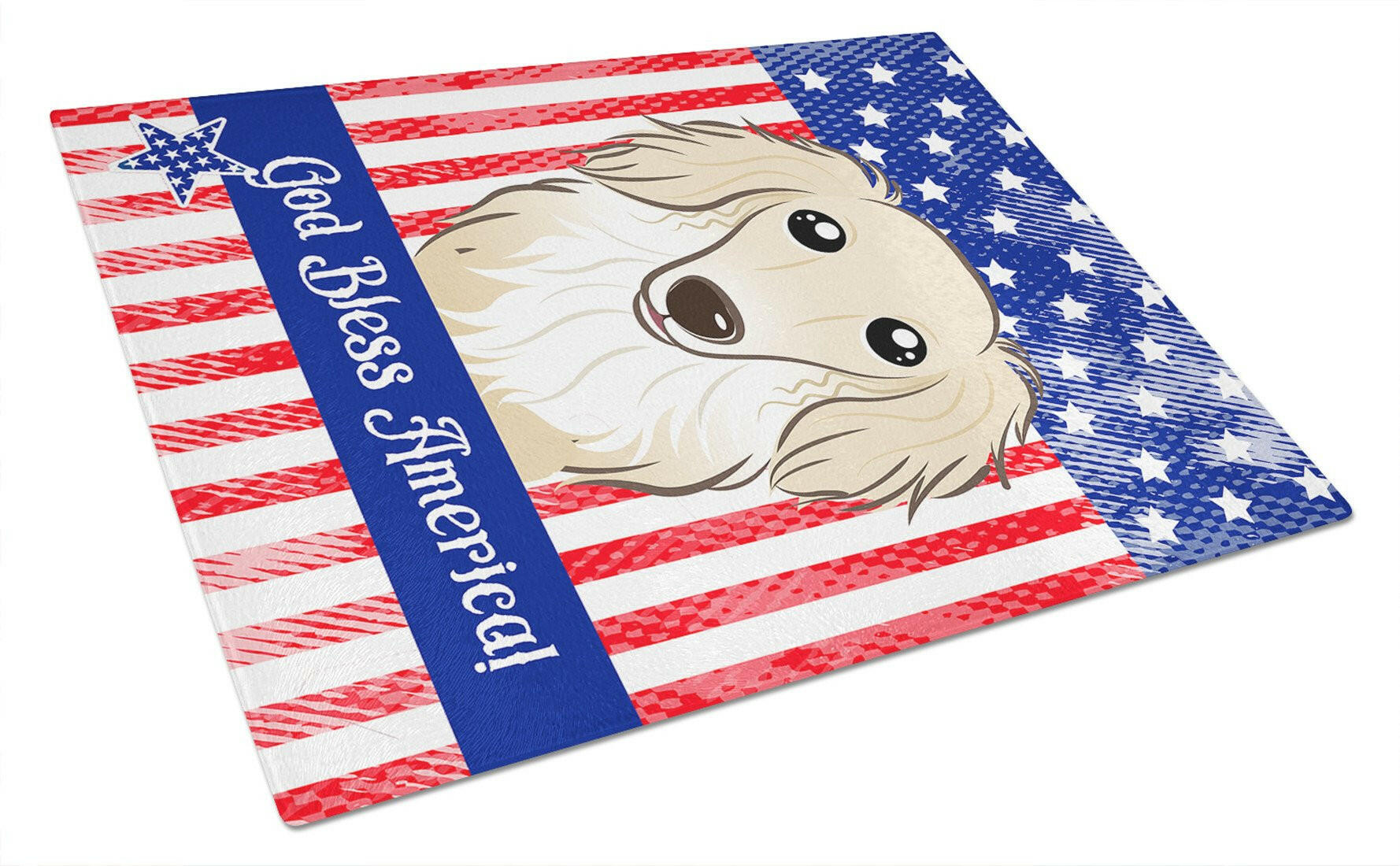 American Flag and Longhair Creme Dachshund Cutting Board Tempered Glass Kitchen Cutting Surface, Heat Resistant Chopping, Non-Slip Feet, Food Prep & Serving