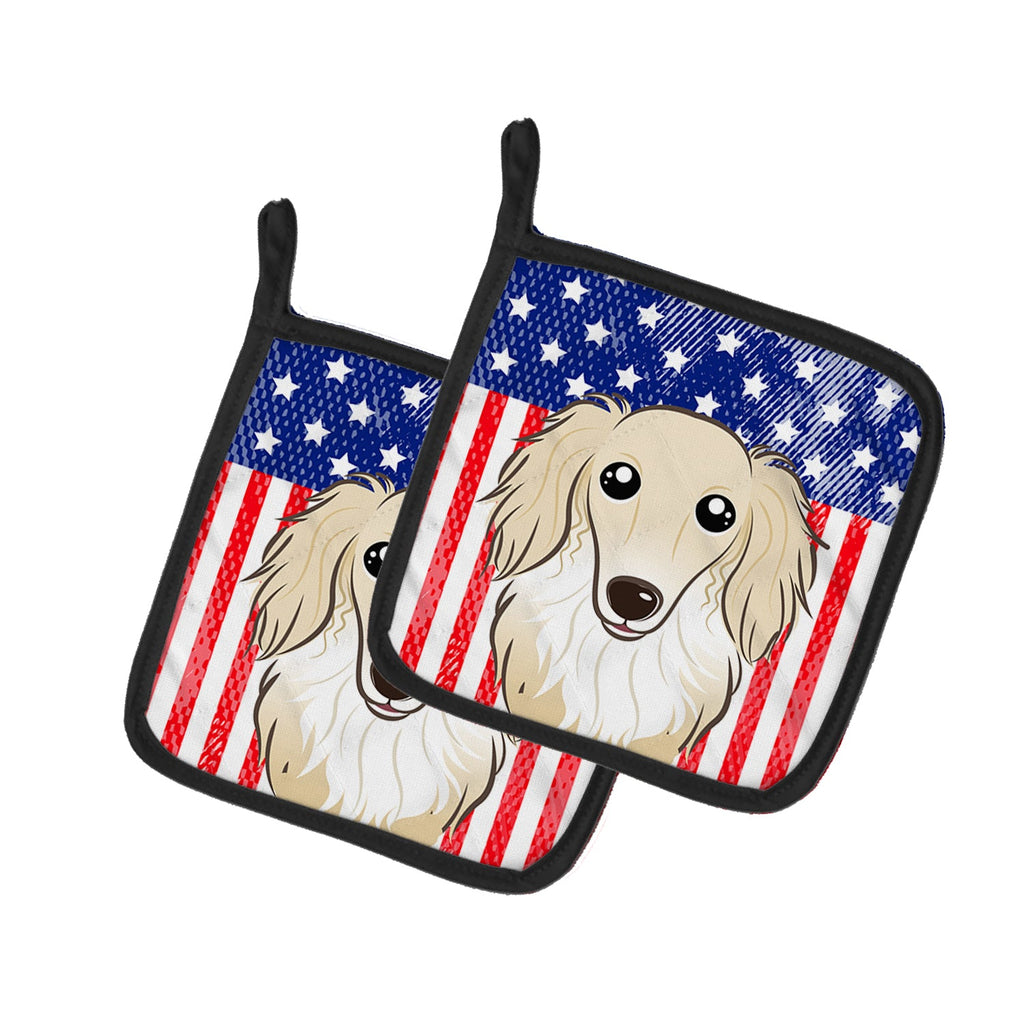 American Flag and Longhair Creme Dachshund Pot Holder Set of 2 Heat Resistant Quilted Hot Pads 7.5 x 7.5 Inch, Insulated Kitchen Trivets for Cooking & Baking