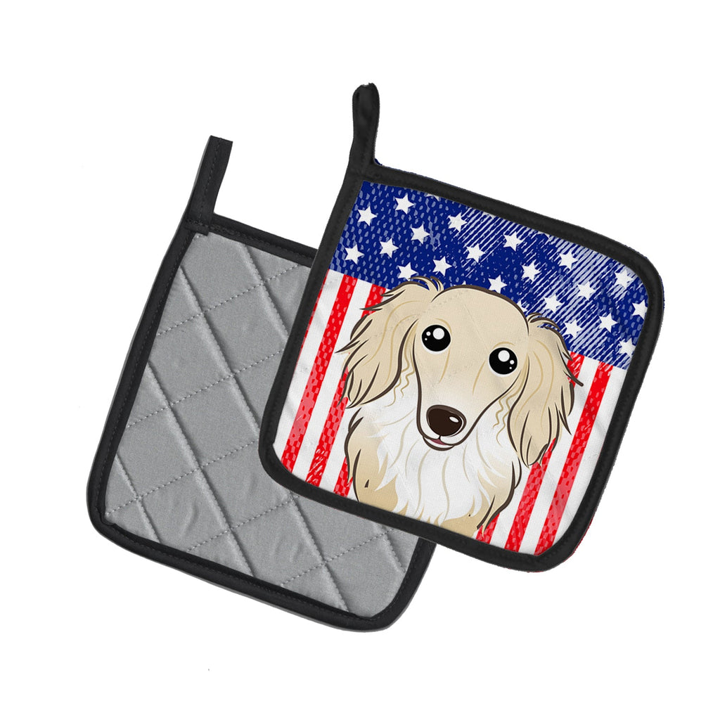 American Flag and Longhair Creme Dachshund Pot Holder Set of 2 Heat Resistant Quilted Hot Pads 7.5 x 7.5 Inch, Insulated Kitchen Trivets for Cooking & Baking