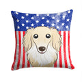American Flag and Longhair Creme Dachshund Decorative Throw Pillow 14x14 Indoor Outdoor Accent Cushion, Fabric Cover with Insert for Sofa, Bed, Porch & Living Room