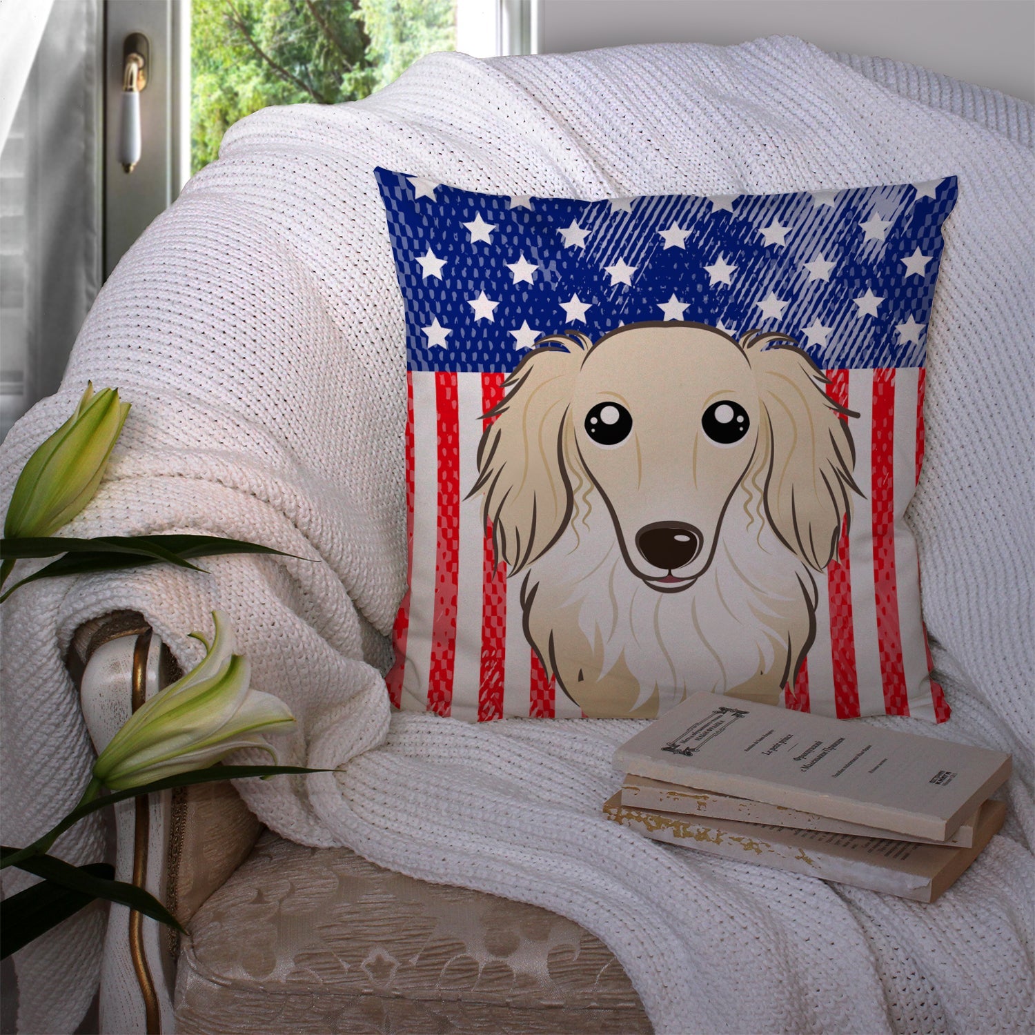 American Flag and Longhair Creme Dachshund Decorative Throw Pillow 14x14 Indoor Outdoor Accent Cushion, Fabric Cover with Insert for Sofa, Bed, Porch & Living Room
