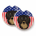 American Flag and Longhair Black and Tan Dachshund Set of 2 Cup Holder Car Coasters Absorbent Round Sandstone Coasters Gifts for Men or Women, 2.5, Multicolor
