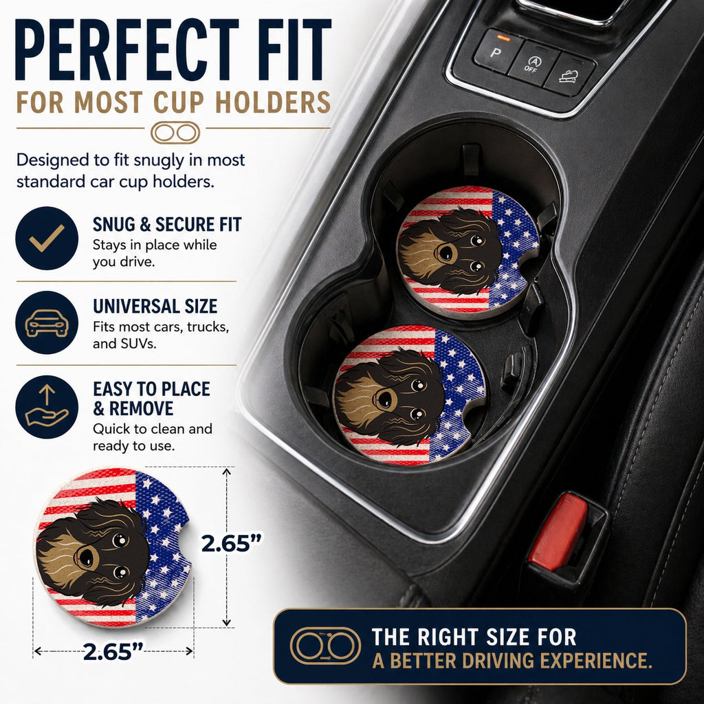 American Flag and Longhair Black and Tan Dachshund Set of 2 Cup Holder Car Coasters Absorbent Round Sandstone Coasters Gifts for Men or Women, 2.5, Multicolor