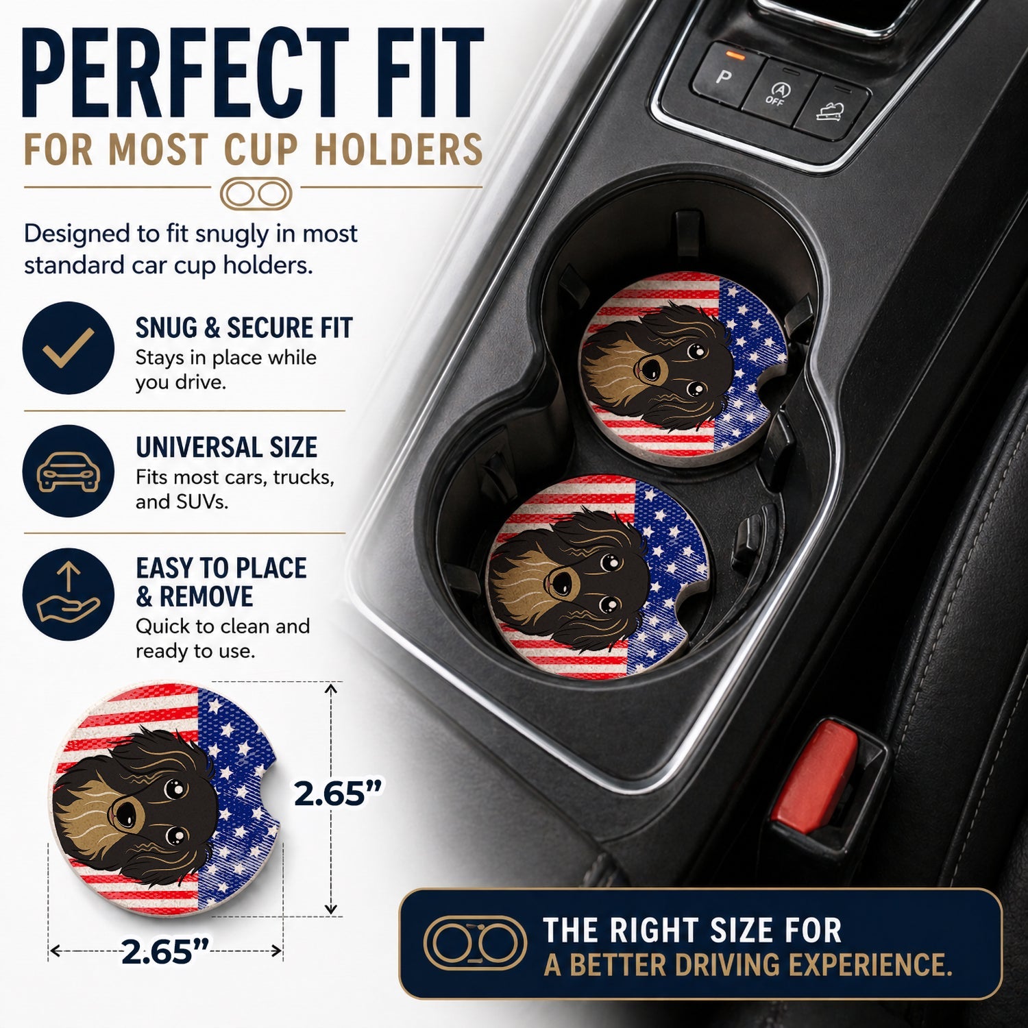 American Flag and Longhair Black and Tan Dachshund Set of 2 Cup Holder Car Coasters Absorbent Round Sandstone Coasters Gifts for Men or Women, 2.5, Multicolor