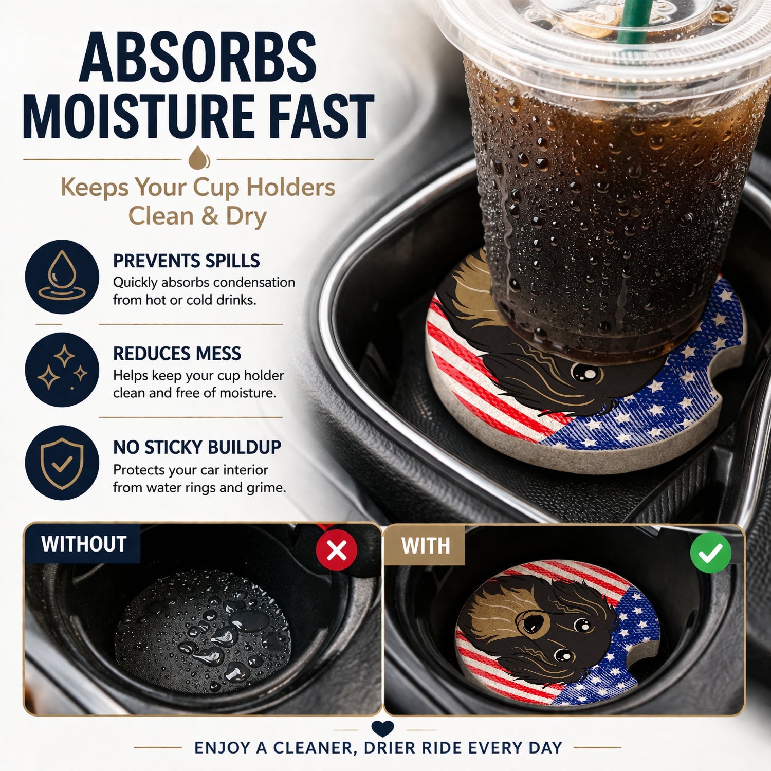 American Flag and Longhair Black and Tan Dachshund Set of 2 Cup Holder Car Coasters Absorbent Round Sandstone Coasters Gifts for Men or Women, 2.5, Multicolor