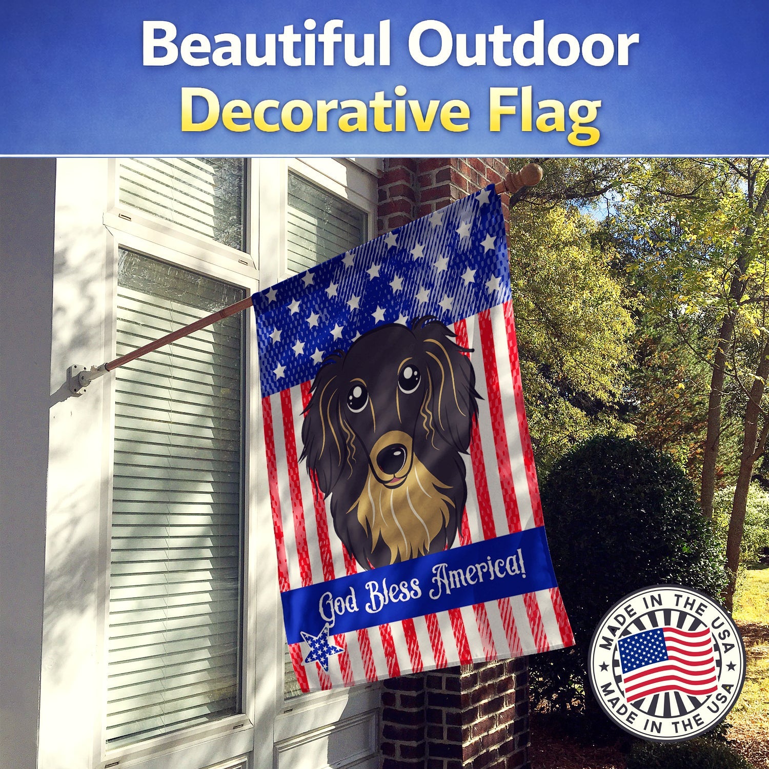American Flag and Longhair Black and Tan Dachshund House Flag 28x40 Porch Sleeve Pole Decorative Outside Yard Banner Artwork Wall Hanging, Polyester