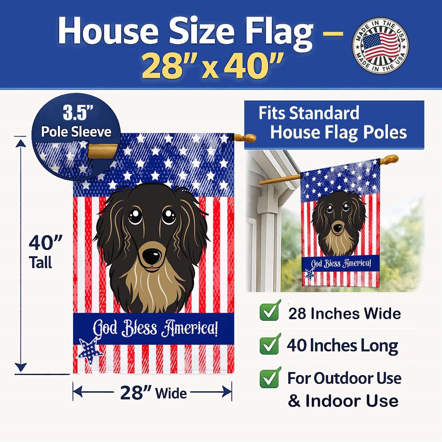 American Flag and Longhair Black and Tan Dachshund House Flag 28x40 Porch Sleeve Pole Decorative Outside Yard Banner Artwork Wall Hanging, Polyester