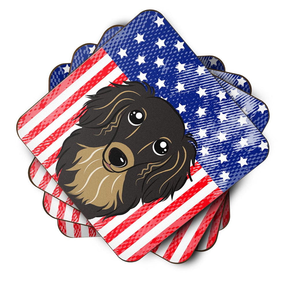 American Flag and Longhair Black and Tan Dachshund Foam Coasters Set of 4 Cup Coasters for Indoor Outdoor, Tabletop Protection, Anti Slip, Mouse pad Material
