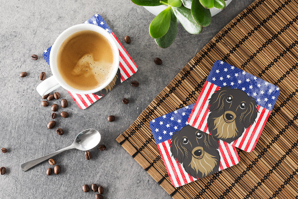 American Flag and Longhair Black and Tan Dachshund Foam Coasters Set of 4 Cup Coasters for Indoor Outdoor, Tabletop Protection, Anti Slip, Mouse pad Material