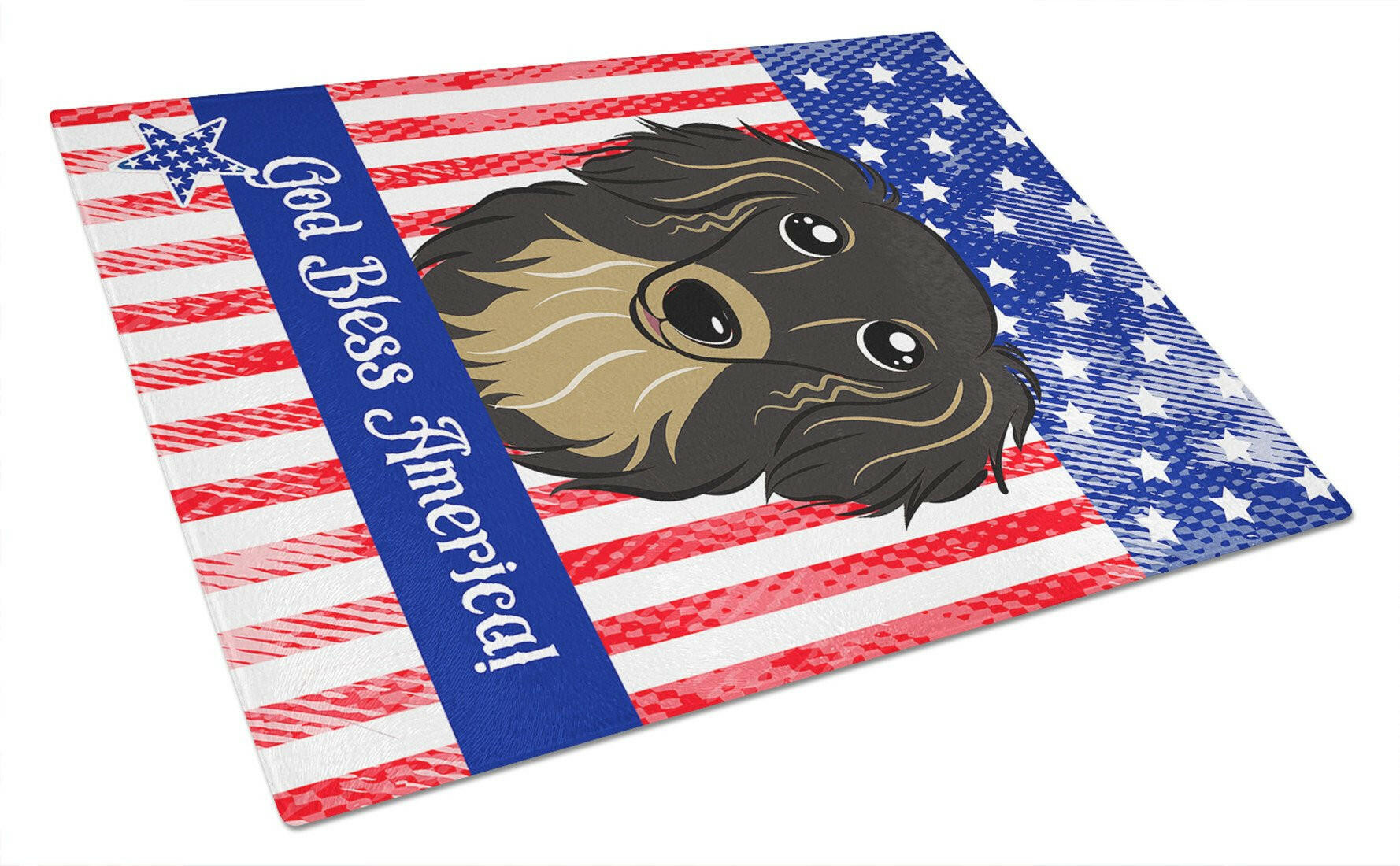 American Flag and Longhair Black and Tan Dachshund Cutting Board Tempered Glass Kitchen Cutting Surface, Heat Resistant Chopping, Non-Slip Feet, Food Prep & Serving