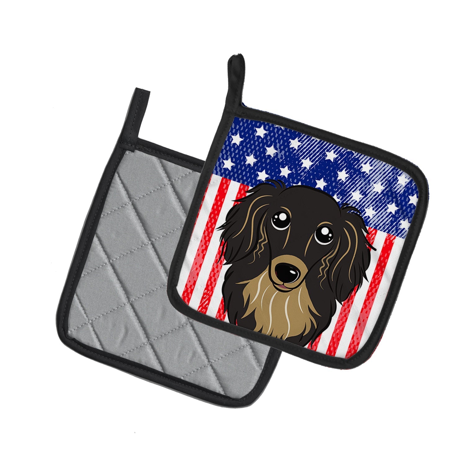 American Flag and Longhair Black and Tan Dachshund Pot Holder Set of 2 Heat Resistant Quilted Hot Pads 7.5 x 7.5 Inch, Insulated Kitchen Trivets for Cooking & Baking