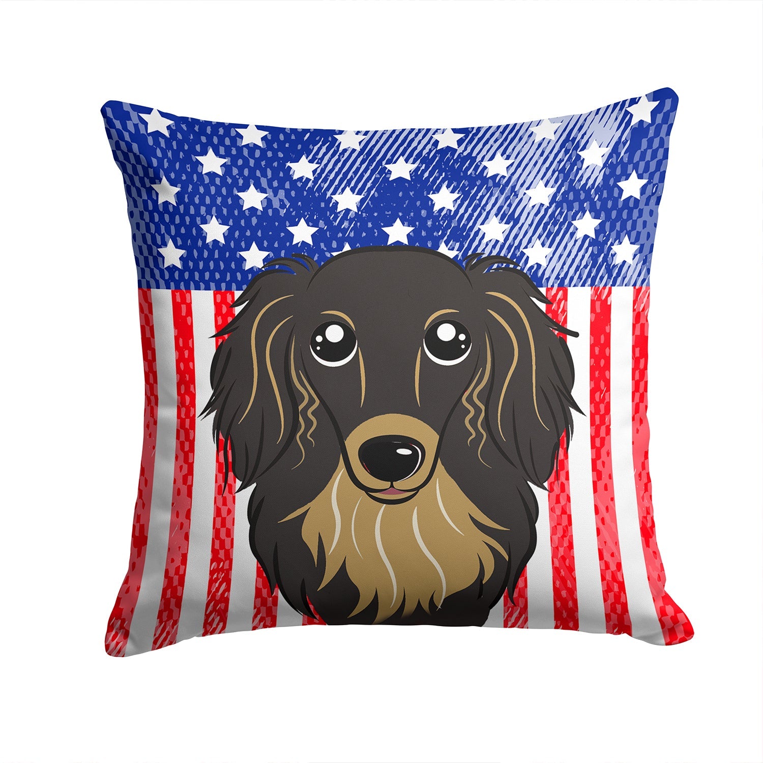 American Flag and Longhair Black and Tan Dachshund Decorative Throw Pillow 14x14 Indoor Outdoor Accent Cushion, Fabric Cover with Insert for Sofa, Bed, Porch & Living Room