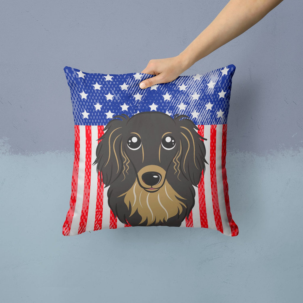 American Flag and Longhair Black and Tan Dachshund Decorative Throw Pillow 14x14 Indoor Outdoor Accent Cushion, Fabric Cover with Insert for Sofa, Bed, Porch & Living Room