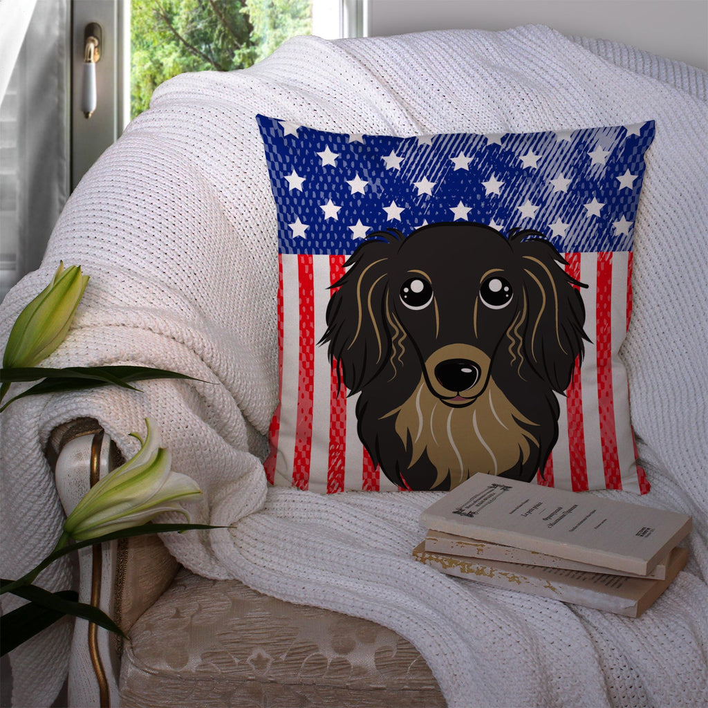 American Flag and Longhair Black and Tan Dachshund Decorative Throw Pillow 14x14 Indoor Outdoor Accent Cushion, Fabric Cover with Insert for Sofa, Bed, Porch & Living Room