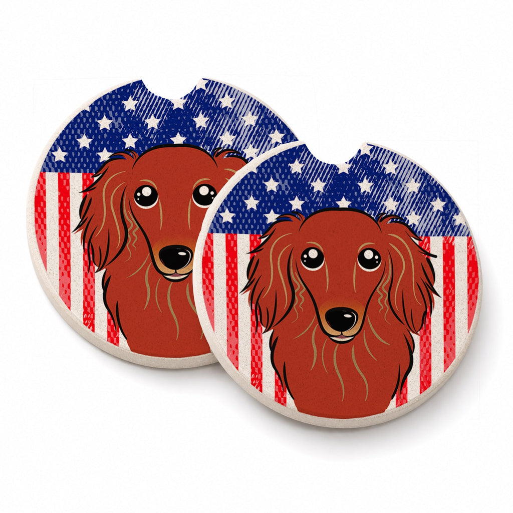 American Flag and Longhair Red Dachshund Set of 2 Cup Holder Car Coasters Absorbent Round Sandstone Coasters Gifts for Men or Women, 2.5, Multicolor