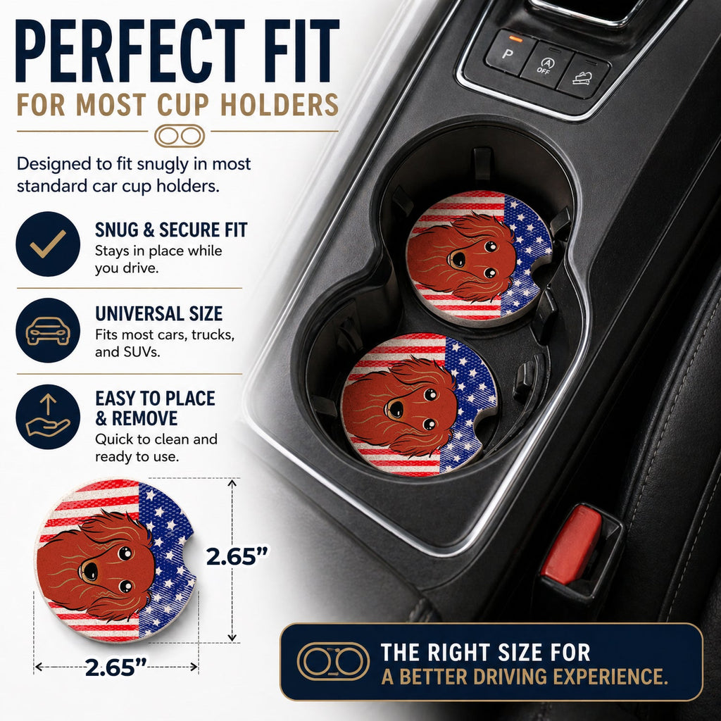American Flag and Longhair Red Dachshund Set of 2 Cup Holder Car Coasters Absorbent Round Sandstone Coasters Gifts for Men or Women, 2.5, Multicolor