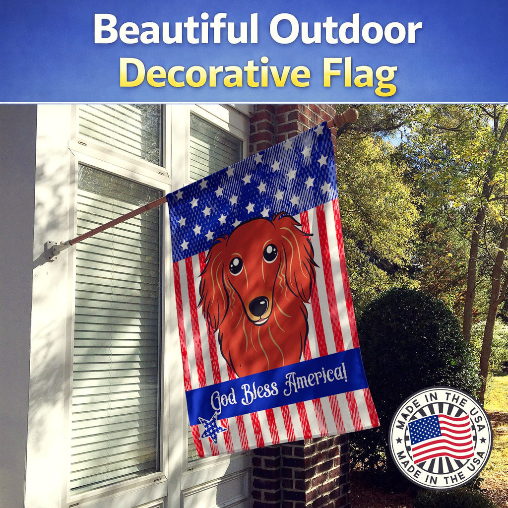American Flag and Longhair Red Dachshund House Flag 28x40 Porch Sleeve Pole Decorative Outside Yard Banner Artwork Wall Hanging, Polyester