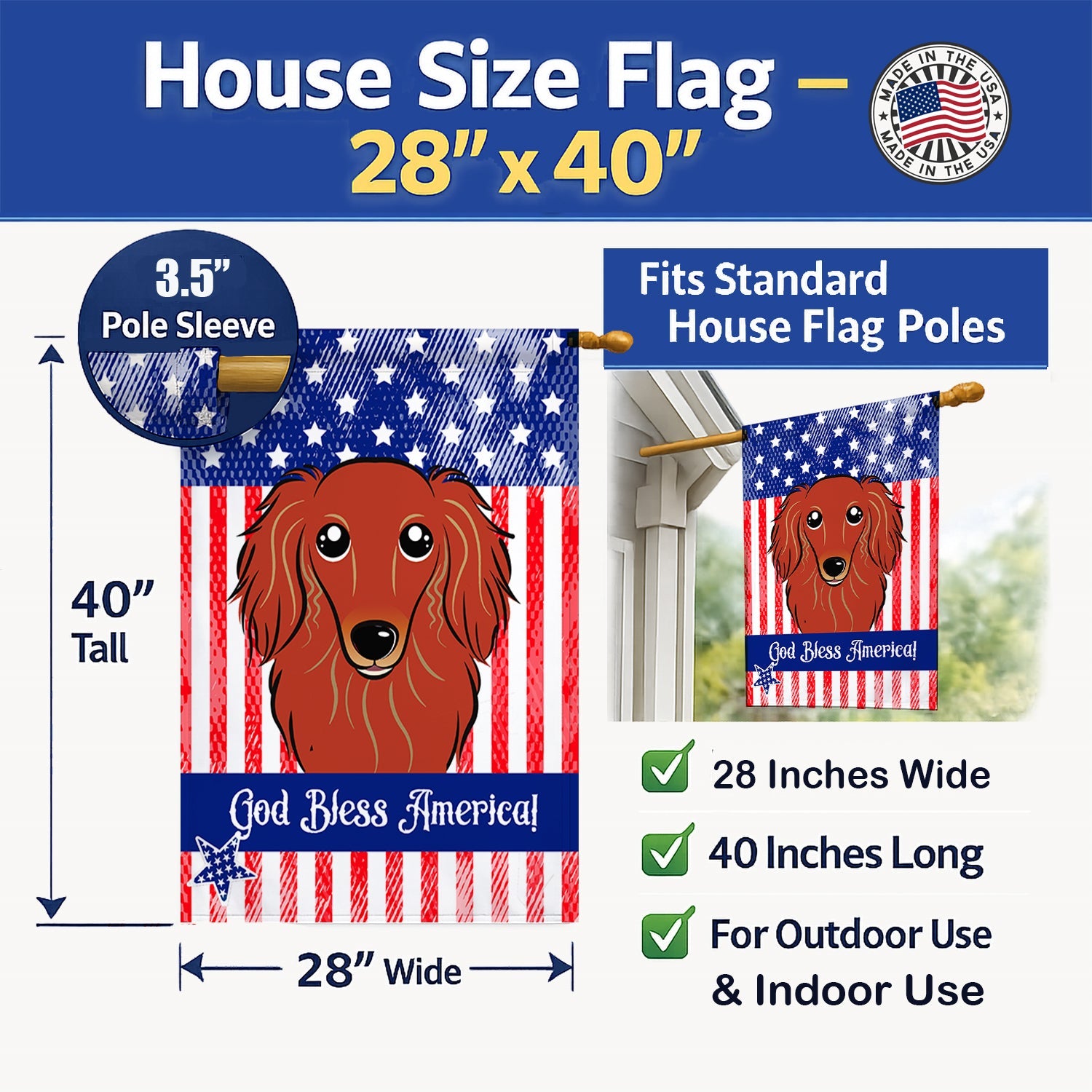 American Flag and Longhair Red Dachshund House Flag 28x40 Porch Sleeve Pole Decorative Outside Yard Banner Artwork Wall Hanging, Polyester