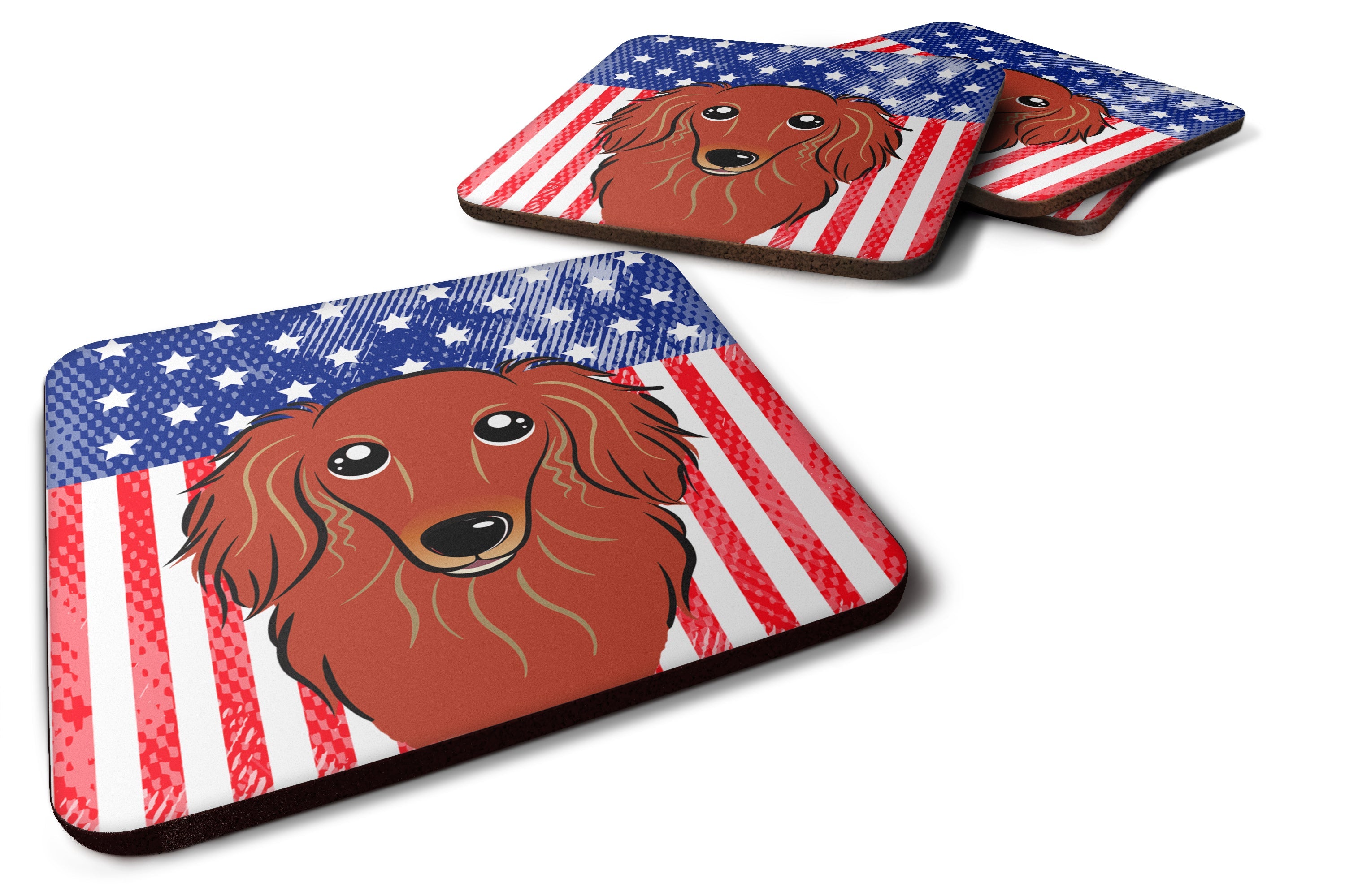 American Flag and Longhair Red Dachshund Foam Coasters Set of 4 Cup Coasters for Indoor Outdoor, Tabletop Protection, Anti Slip, Mouse pad Material