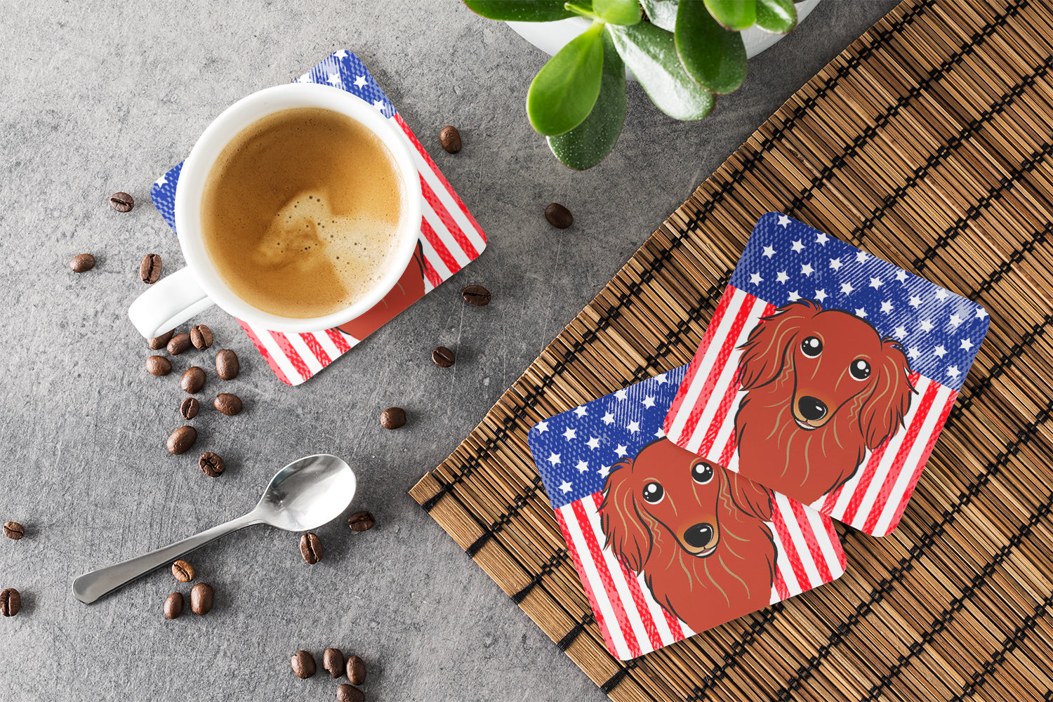 American Flag and Longhair Red Dachshund Foam Coasters Set of 4 Cup Coasters for Indoor Outdoor, Tabletop Protection, Anti Slip, Mouse pad Material