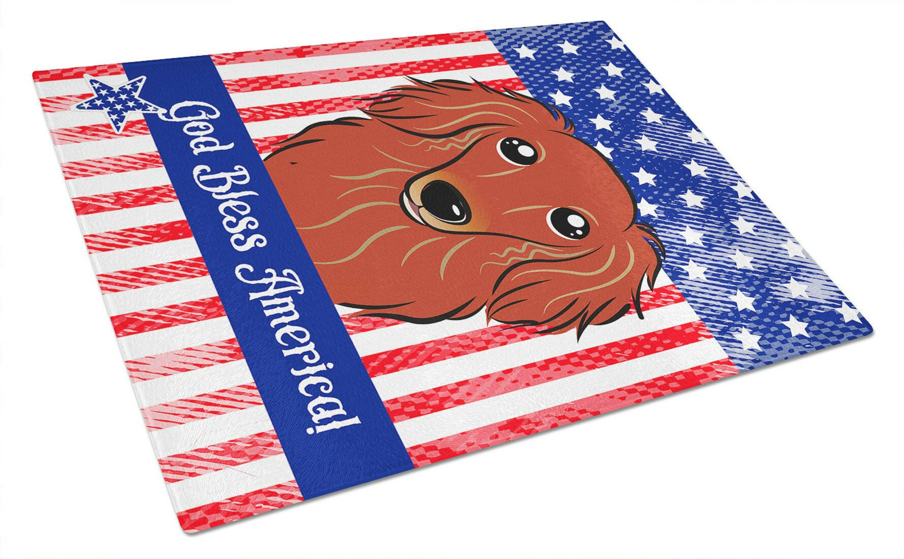 American Flag and Longhair Red Dachshund Cutting Board Tempered Glass Kitchen Cutting Surface, Heat Resistant Chopping, Non-Slip Feet, Food Prep & Serving