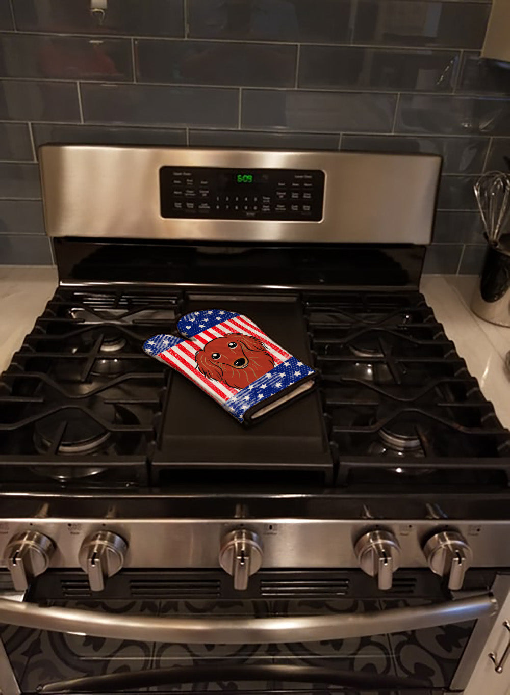 American Flag and Longhair Red Dachshund Oven Mitt Heat Resistant Thick Oven Mitt for Hot Pans and Oven, Kitchen Mitt Protect Hands, Cooking Baking Glove