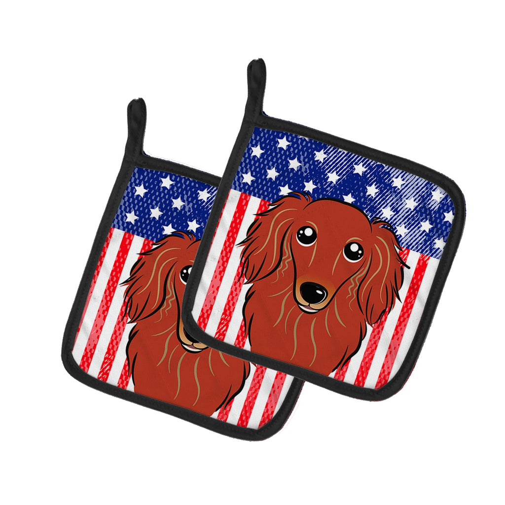 American Flag and Longhair Red Dachshund Pot Holder Set of 2 Heat Resistant Quilted Hot Pads 7.5 x 7.5 Inch, Insulated Kitchen Trivets for Cooking & Baking