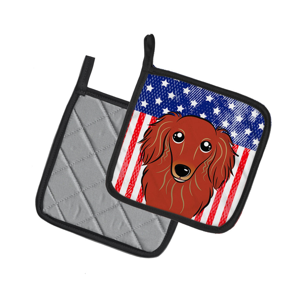 American Flag and Longhair Red Dachshund Pot Holder Set of 2 Heat Resistant Quilted Hot Pads 7.5 x 7.5 Inch, Insulated Kitchen Trivets for Cooking & Baking