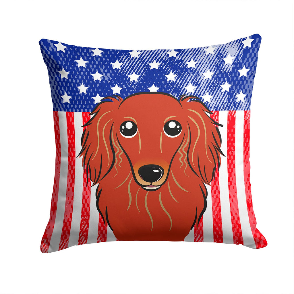 American Flag and Longhair Red Dachshund Decorative Throw Pillow 14x14 Indoor Outdoor Accent Cushion, Fabric Cover with Insert for Sofa, Bed, Porch & Living Room
