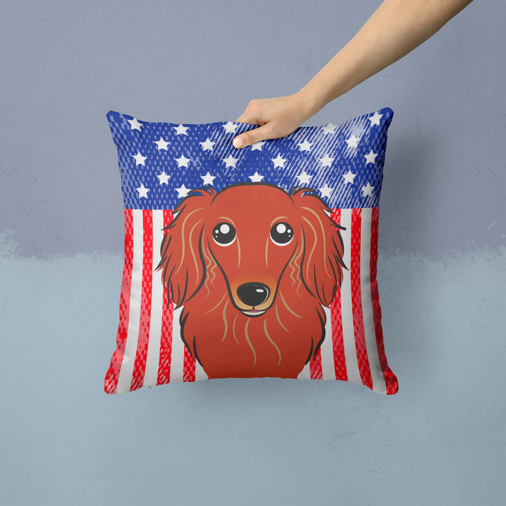 American Flag and Longhair Red Dachshund Decorative Throw Pillow 14x14 Indoor Outdoor Accent Cushion, Fabric Cover with Insert for Sofa, Bed, Porch & Living Room