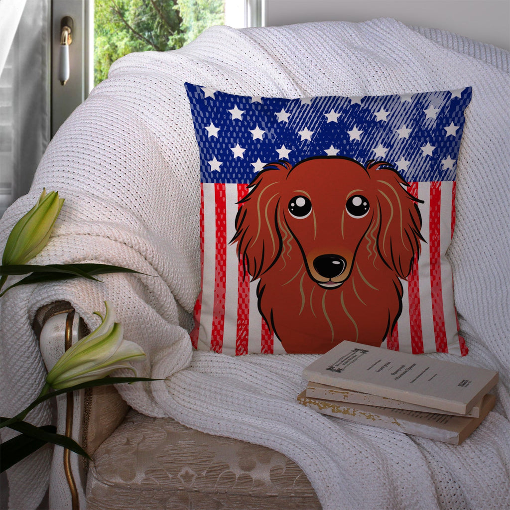 American Flag and Longhair Red Dachshund Decorative Throw Pillow 14x14 Indoor Outdoor Accent Cushion, Fabric Cover with Insert for Sofa, Bed, Porch & Living Room